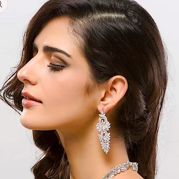 Gold Cubic Zirconia Wedding Earrings, Bridal, Dangle, Anniversary - Picture 4 of 5